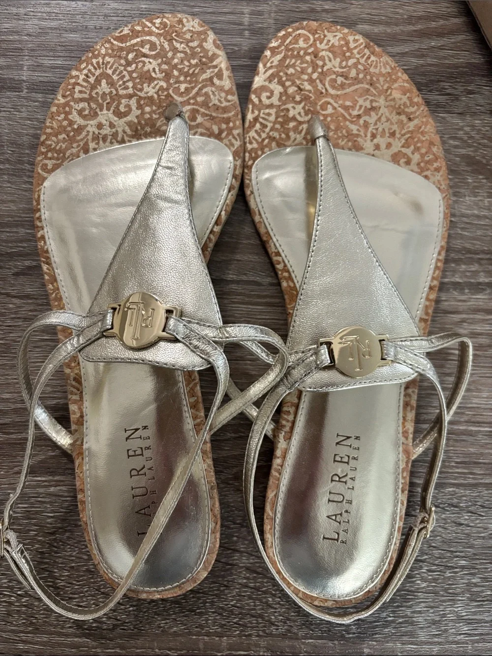 Ralph Lauren Metallic Gold Leather Slingback Thong Sandals size 10